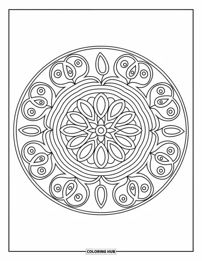 Rangoli-fargeleggingsark for barn: Lotus- og paisley-rangoli med en markert sirkulær komposisjon