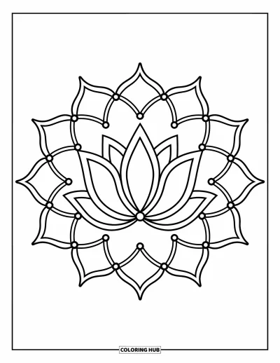 Rangoli-fargeleggingsark for barn: Lotusdesign med utstrålende kronblader og prikkede kanter