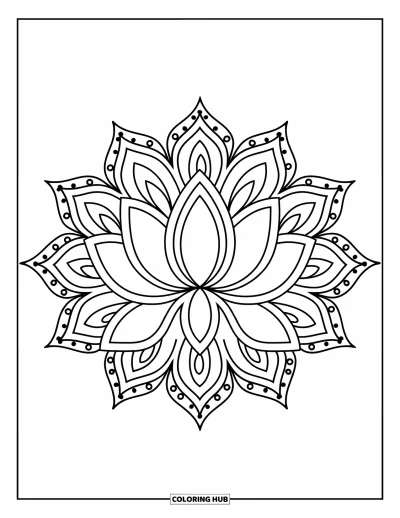 Rangoli-fargeleggingsark for barn: Lotus-rangoli med kronblader og prikkede kanter som stråler utover