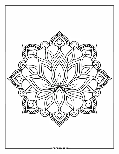 Rangoli-fargeleggingsark for barn: Lotus-rangoli med utstrålende kronblader og prikkede kanter