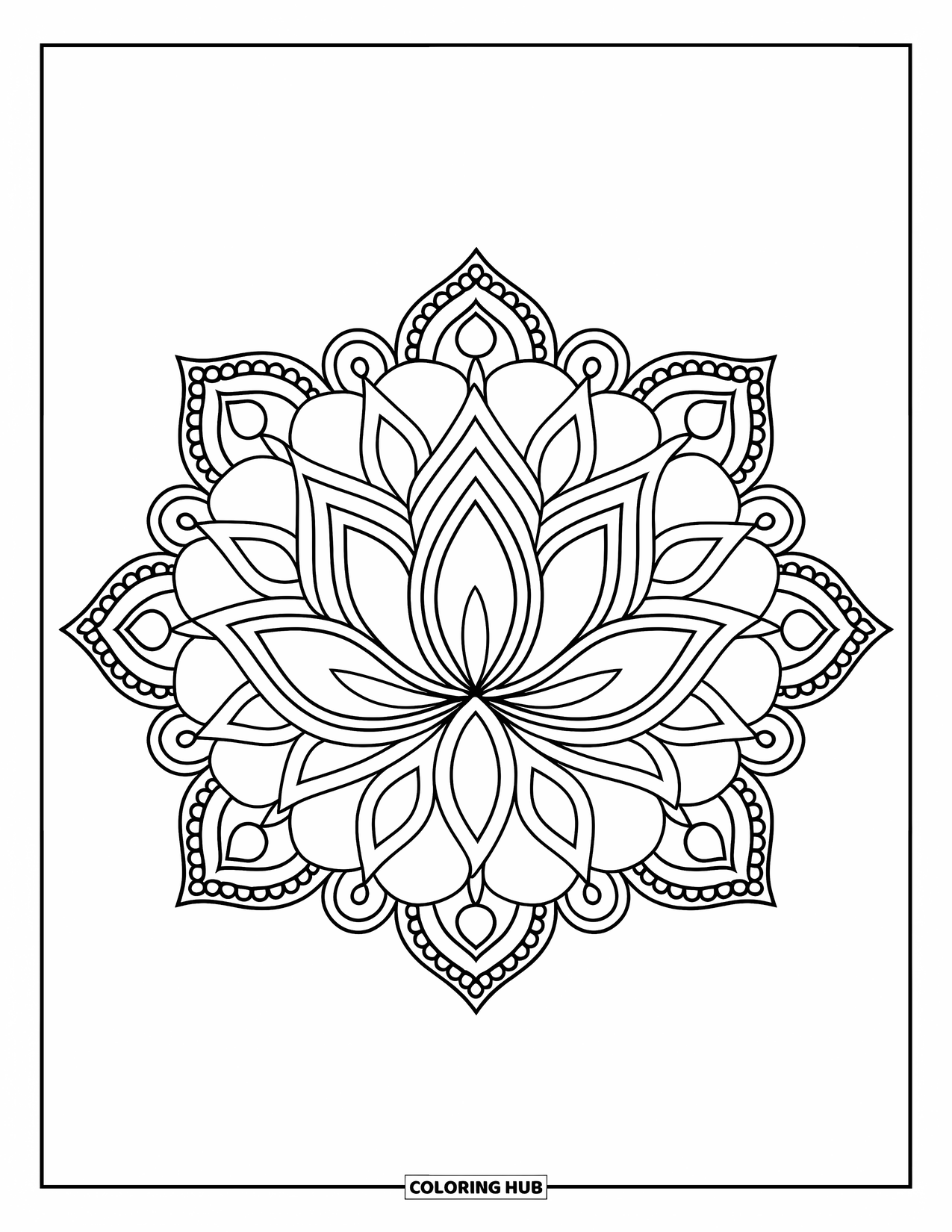 Rangoli Coloring Page for Kids: Lotus rangoli with petals fanning out and dotted edges
