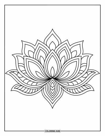 Rangoli-fargeleggingsark for barn: Lotus-rangoli med overlappende kronblader og delikate bladaksentuasjoner