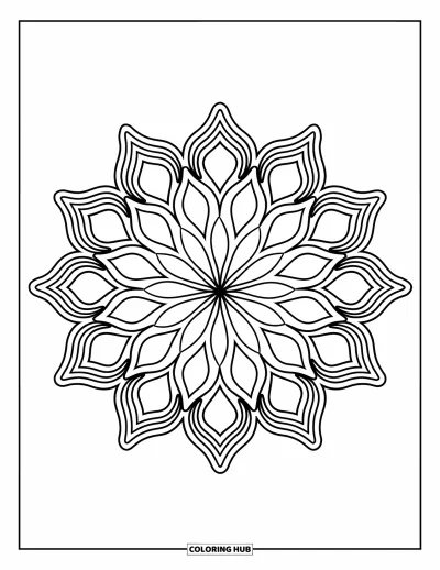 Rangoli-fargeleggingsark for barn: Ornamentert blomsterrangoli med kronblader og paisley rundt sentrum