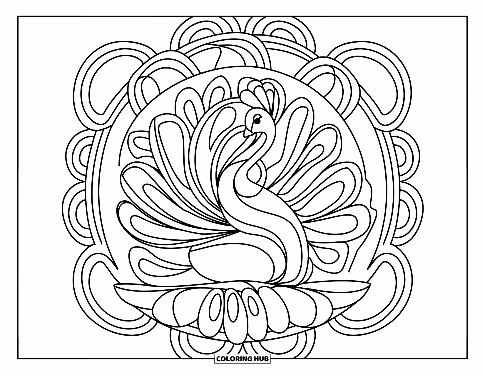 Rangoli Coloring Page for Kids: Peacock rangoli on a round base with geometric pattern and curved feathers