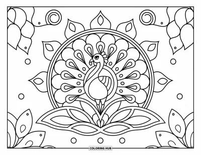 Rangoli-fargeleggingsark for barn: Påfugl-rangoli stående på en lotus med paisley-fjær