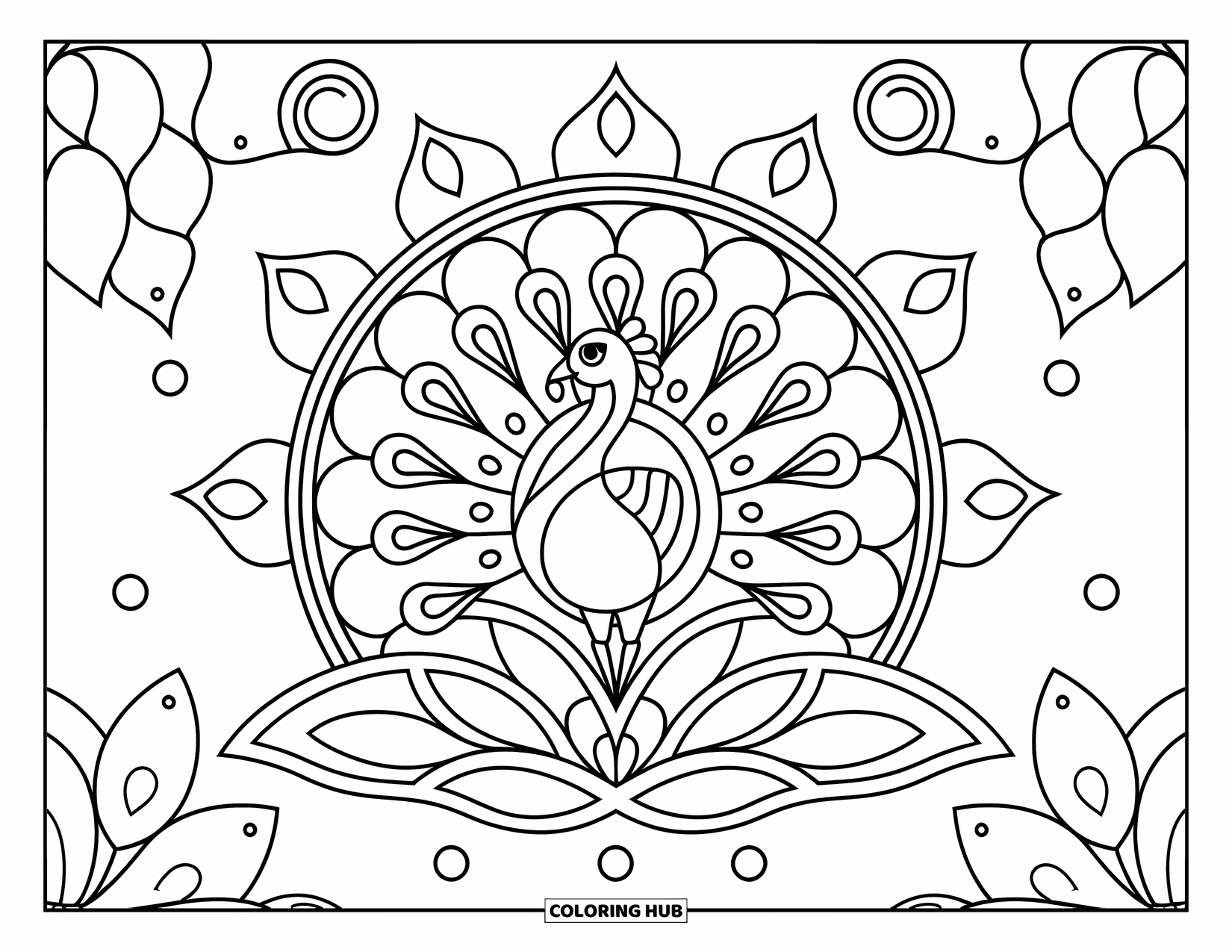 Rangoli Coloring Page for Kids: Peacock rangoli standing on a lotus with paisley feathers