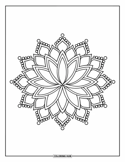 Rangoli-fargeleggingsark for barn: Kronbladfylt lotus-rangoli med prikkede aksentuasjoner