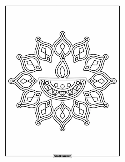 Rangoli-fargeleggingsark for barn: Rangoli med diya i midten og morsomme prikk- og diamantformer