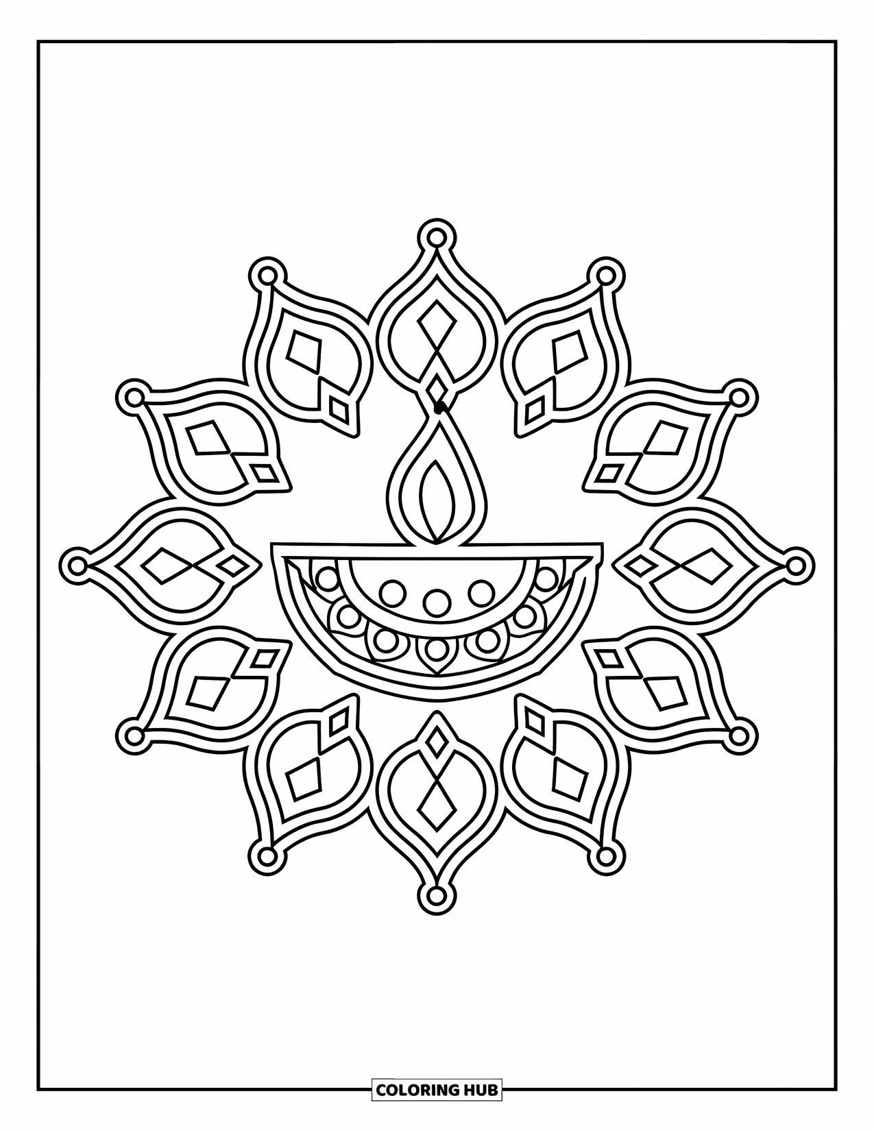 Rangoli Coloring Page for Kids: Rangoli with a diya in the center and fun dot and diamond shapes