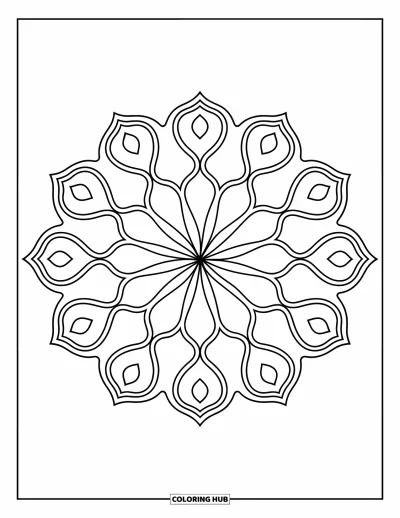 Rangoli-fargeleggingsark for barn: Rangoli med trekanter og buede blader i et sirkulært mønster