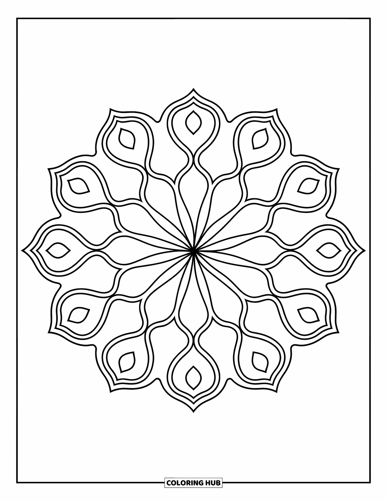 Rangoli Coloring Page for Kids: Rangoli with triangles and curved leaves in a circular pattern