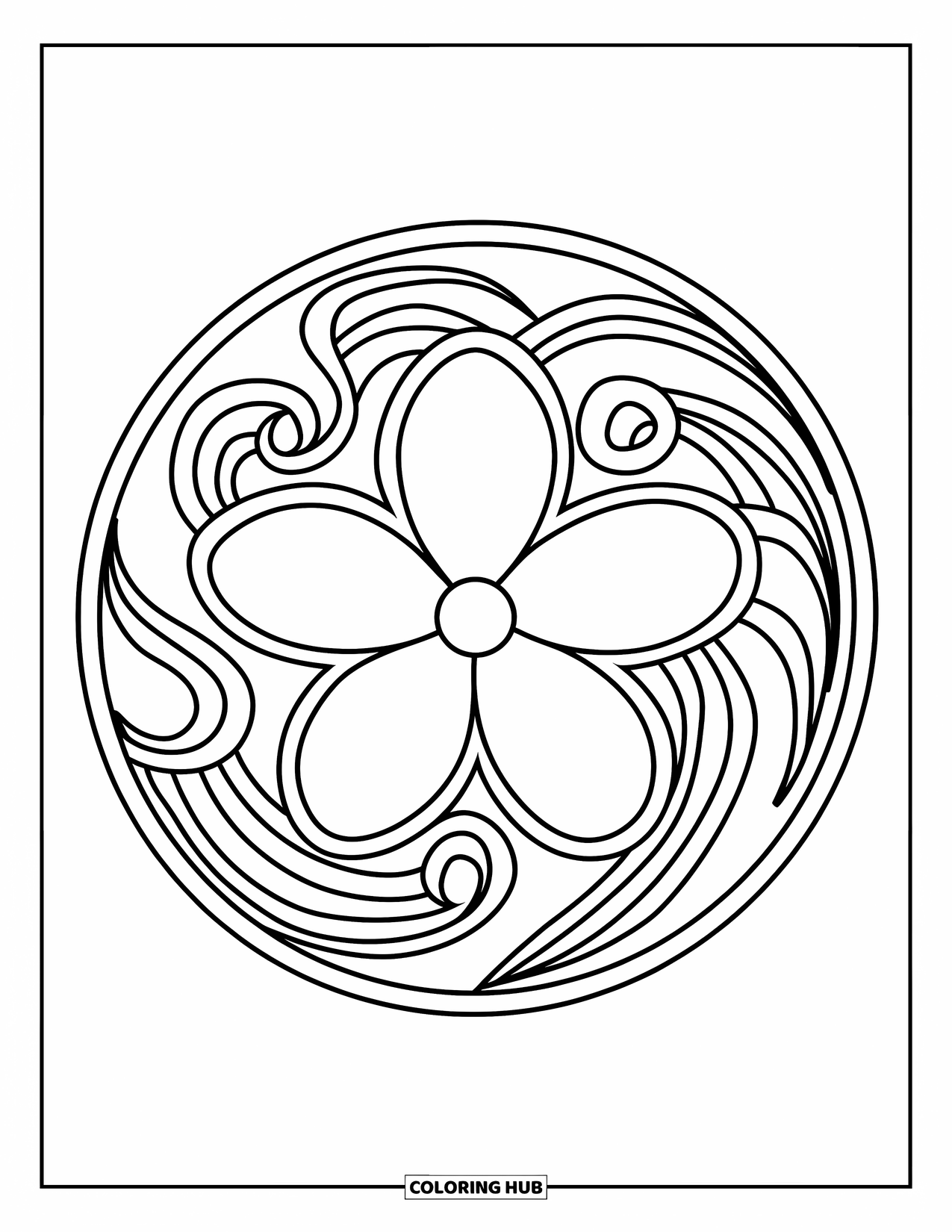 Rangoli Coloring Page for Kids: Round rangoli with a big flower and bold swirling patterns