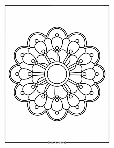 Rangoli-fargeleggingsark for barn: Rund rangoli med tykke kronblader og små prikker
