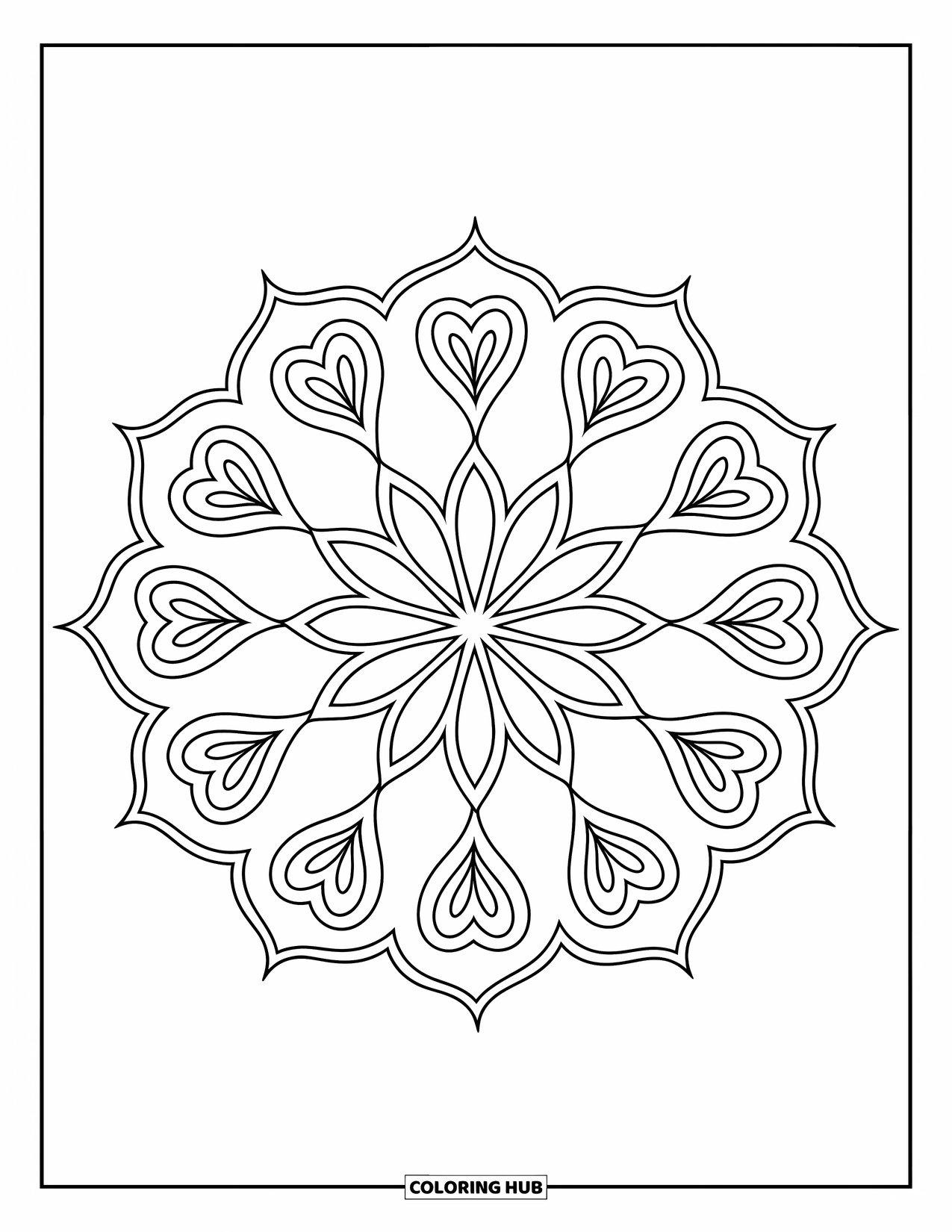 Rangoli Coloring Page for Kids: Round rangoli with lotus and paisley motifs in a neat circular pattern