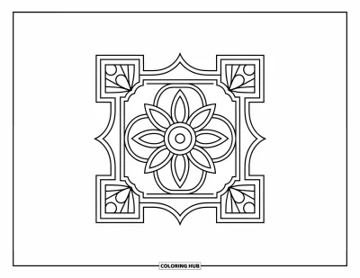 Rangoli-fargeleggingsark for barn: Enkel kvadratisk rangoli med stor blomst og morsomme hjørneaksentuasjoner