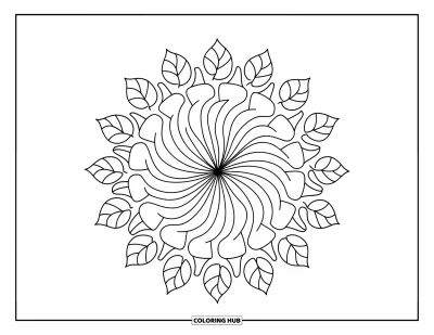 Rangoli-fargeleggingsark for barn: Spiralsentrert rangoli med løvrik kant og myke kurver