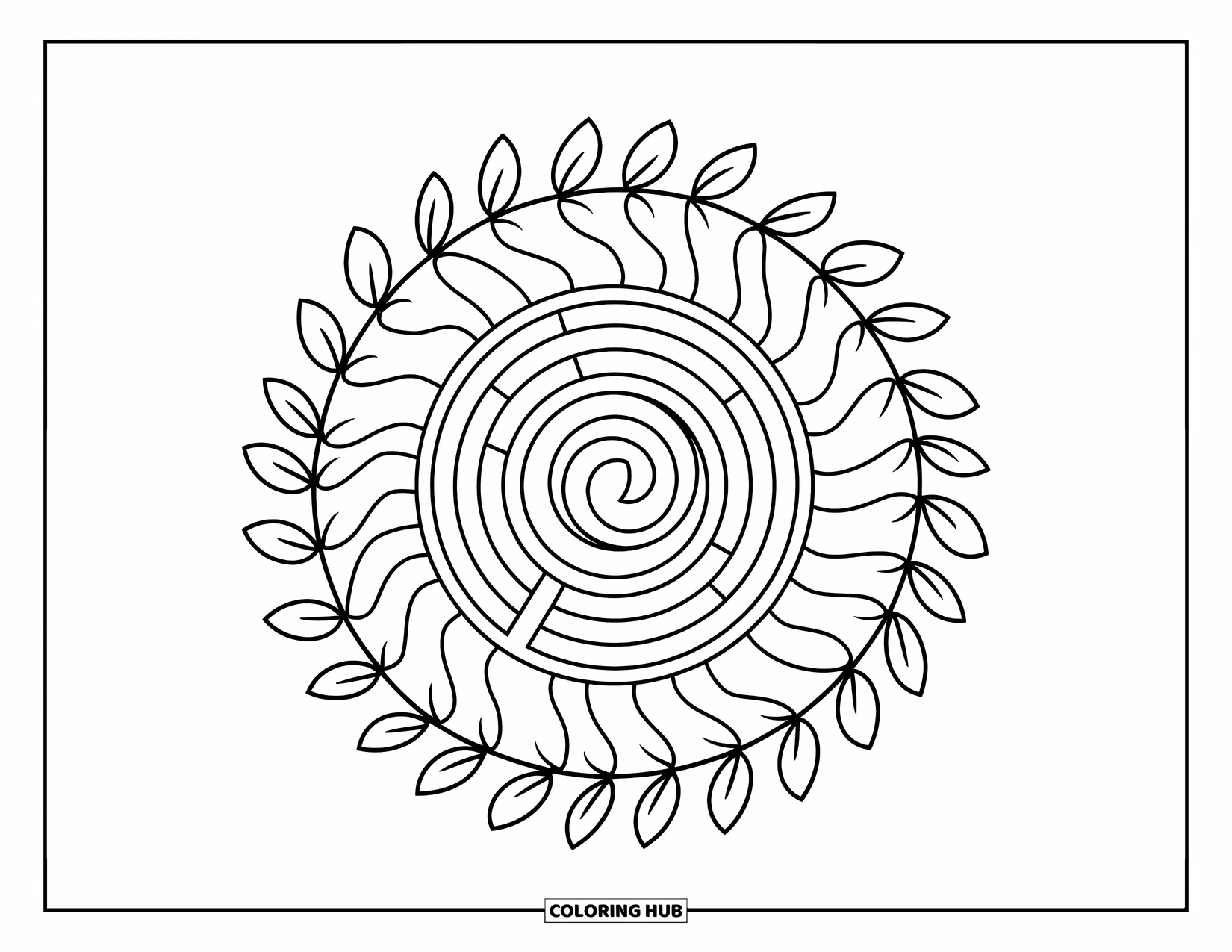 Rangoli Coloring Page for Kids: Spiral rangoli design framed by soft, leafy patterns