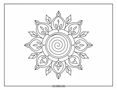 Rangoli-fargeleggingsark for barn: Spiral-rangoli med løvrik kant og kalash-inspirerte detaljer