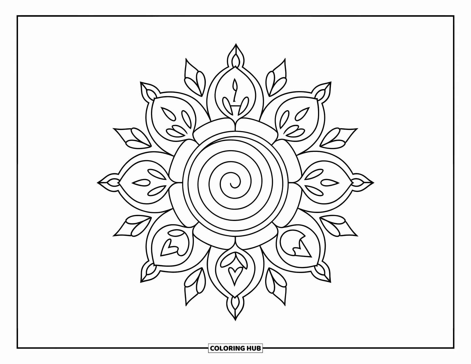 Rangoli Coloring Page for Kids: Spiral rangoli with leafy border and kalash-themed details