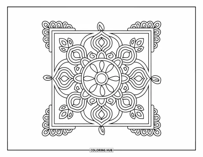 Rangoli-fargeleggingsark for barn: Kvadratisk rangoli-design med mandala-mønstre og enkle diya-er i hjørnene