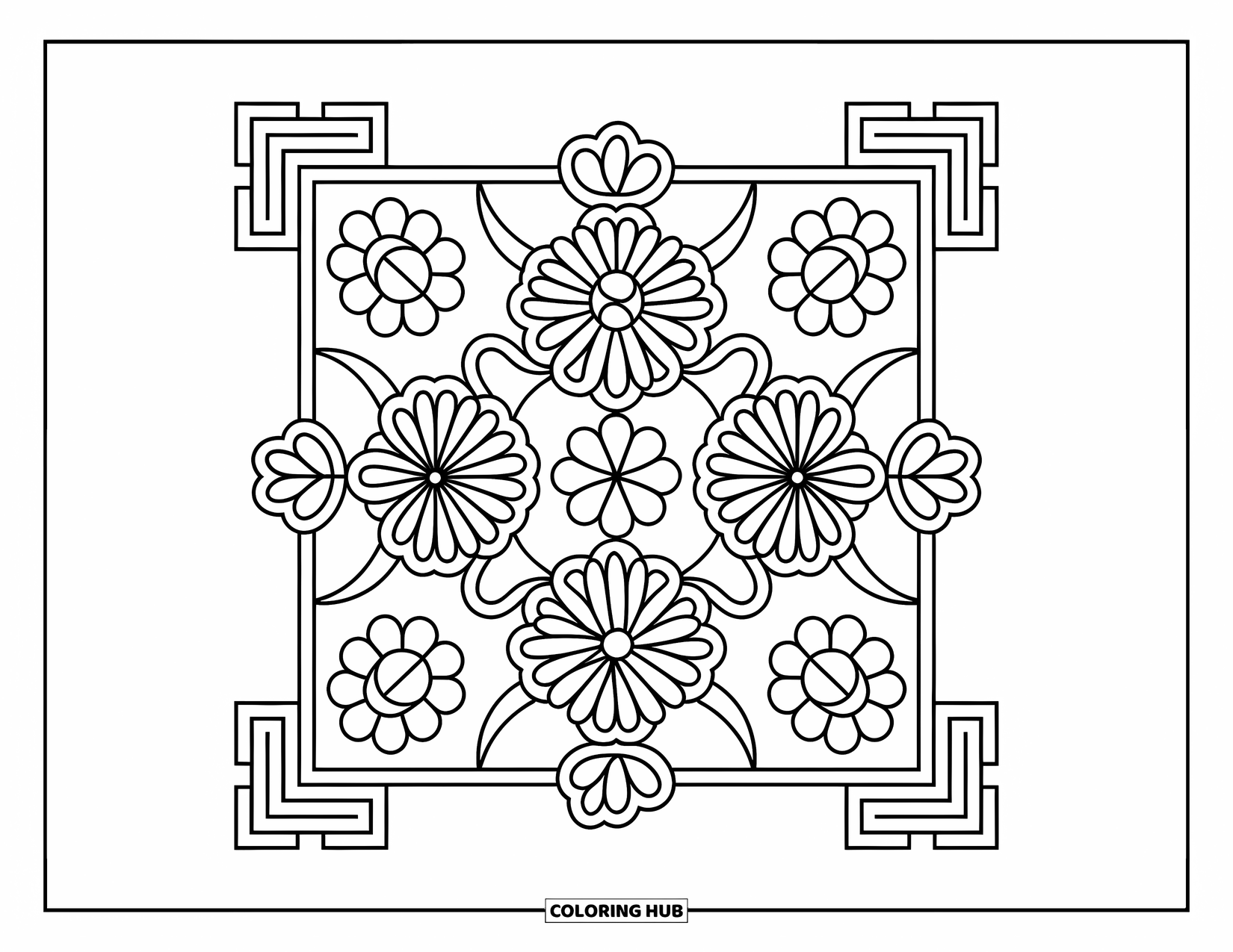 Rangoli Coloring Page for Kids: Square rangoli divided into four floral sections with bold corners