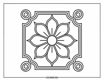 Rangoli-fargeleggingsark for barn: Kvadratisk rangoli med stor blomst og markerte hjørnedesign
