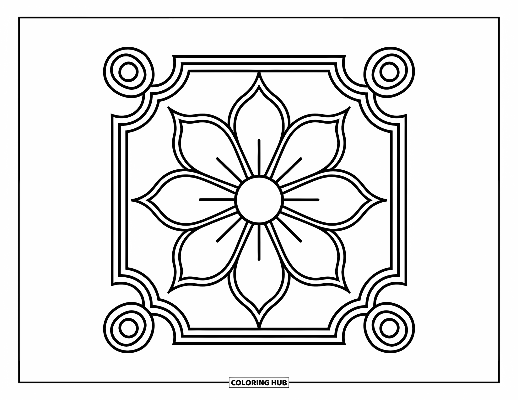 Rangoli Coloring Page for Kids: Square rangoli with a big flower and bold corner designs
