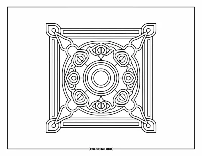 Rangoli-fargeleggingsark for barn: Kvadratisk rangoli med mandala-detaljer og diya-er i hjørnene i en moderne stil