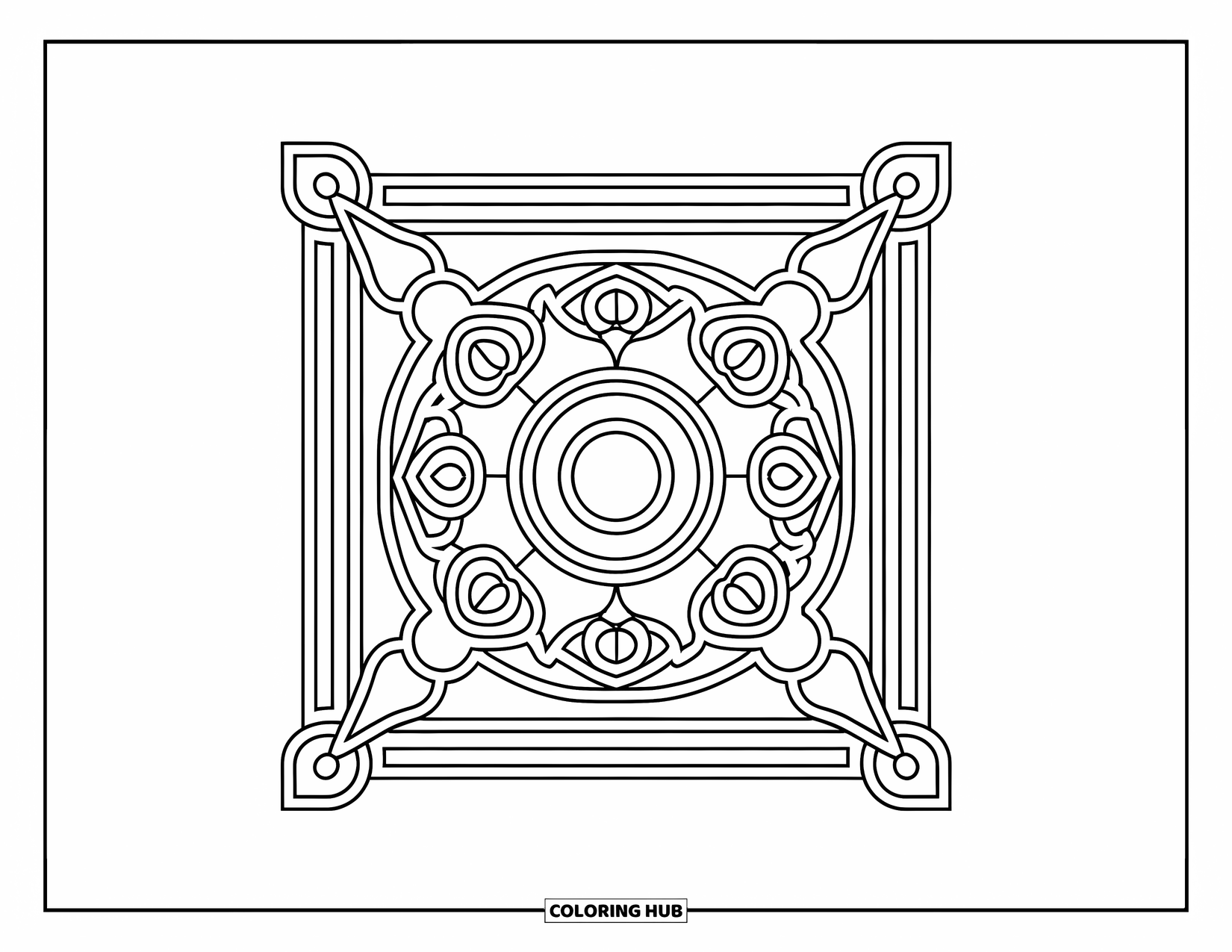 Rangoli Coloring Page for Kids: Square rangoli with mandala details and corner diyas in a modern, expressive style