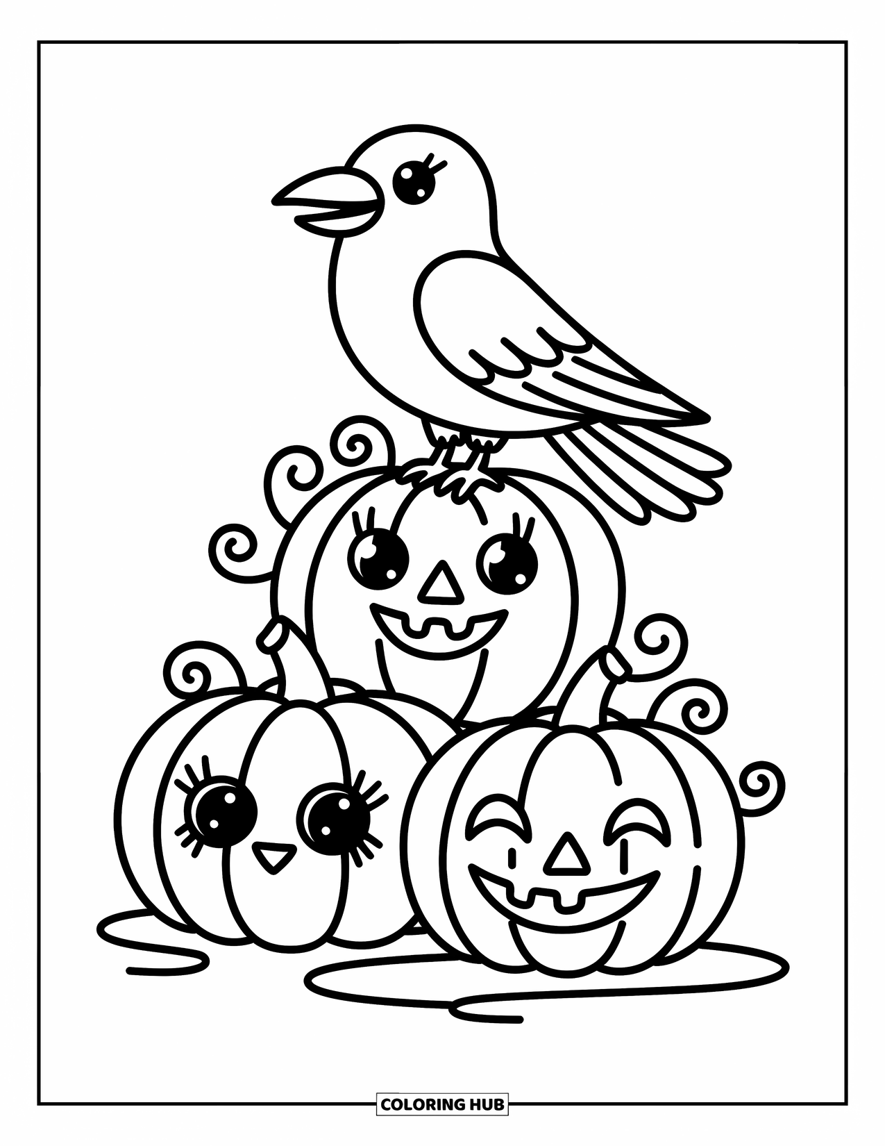 Raven Coloring Page for Adults: A cheerful raven rests proudly on a cozy stack of patterned pumpkins