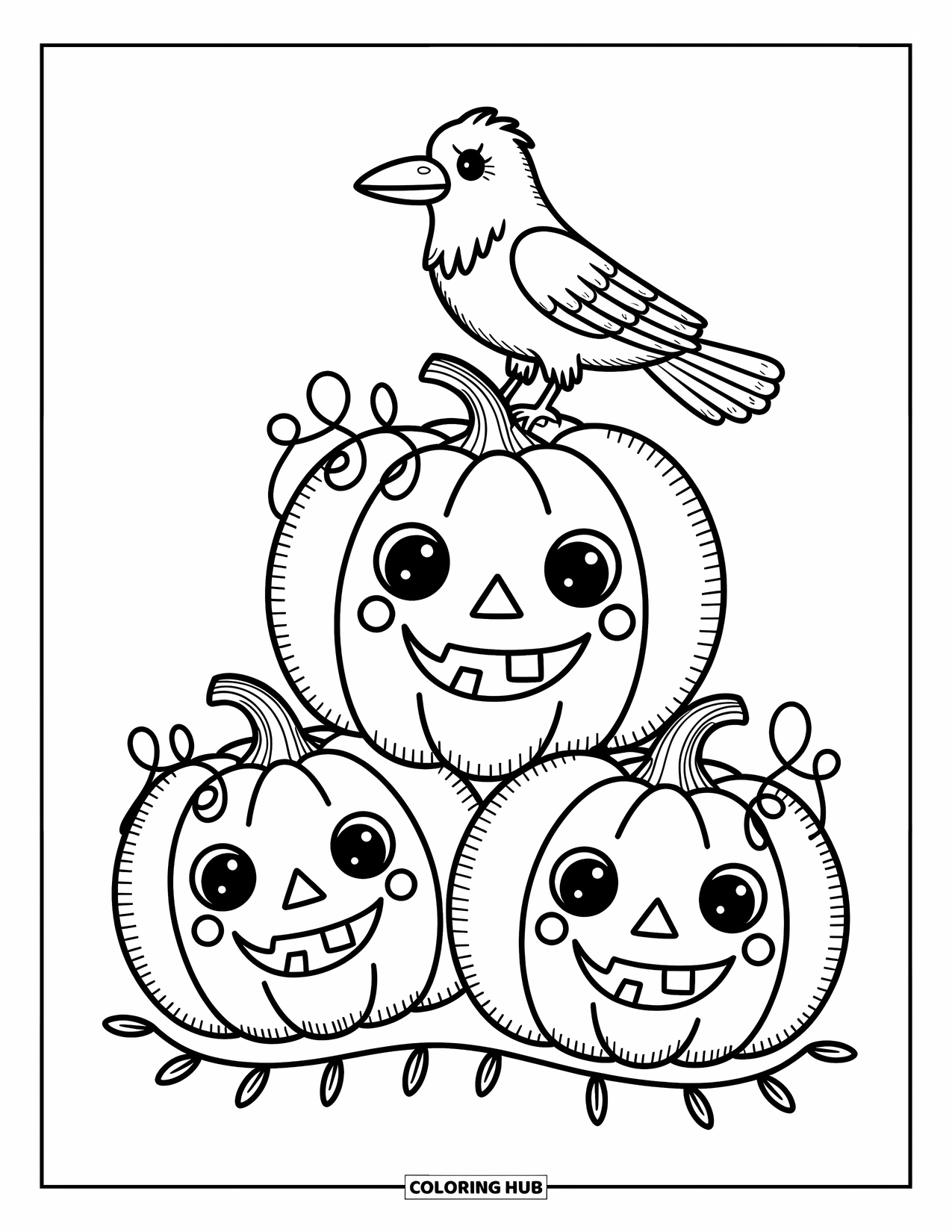 Raven Coloring Page for Adults: A happy raven sits atop three smiling pumpkins wrapped in curling vines