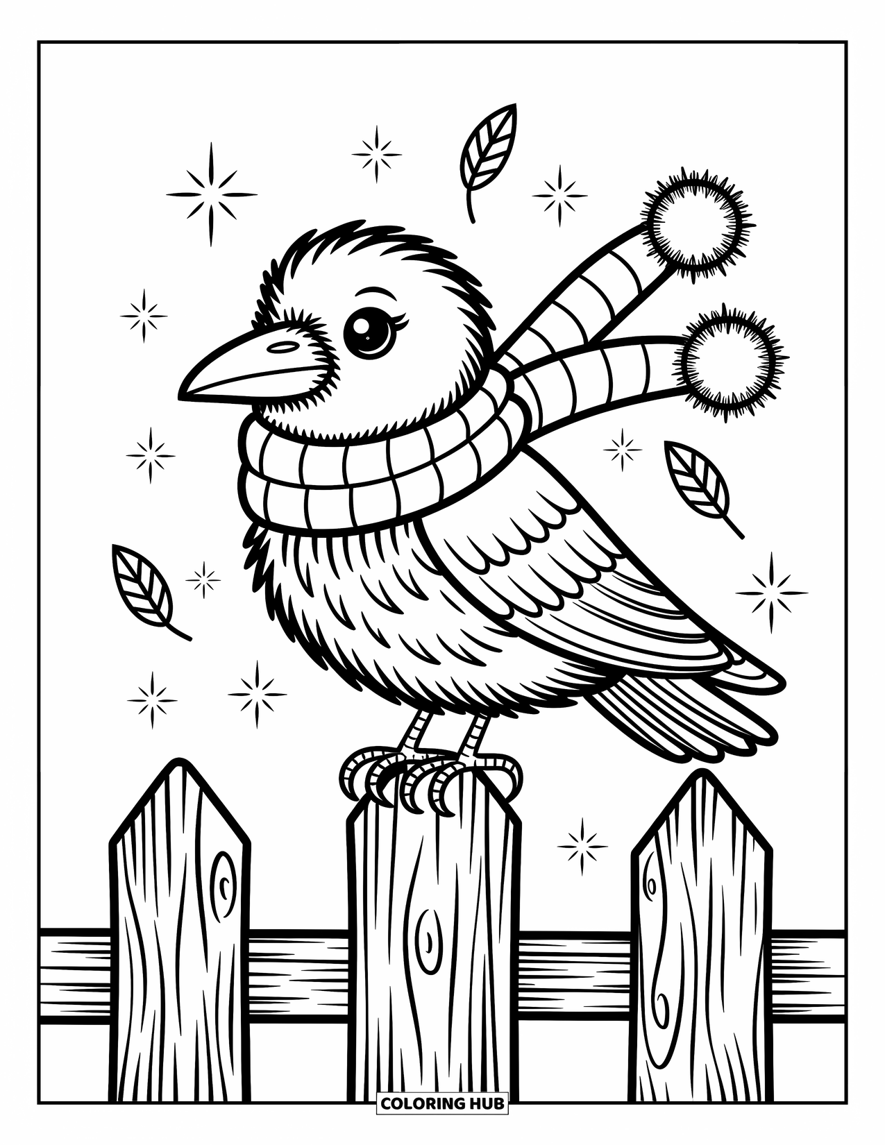 Raven Coloring Page for Adults: A little raven snuggles in a scarf on a fence while leaves twirl nearby