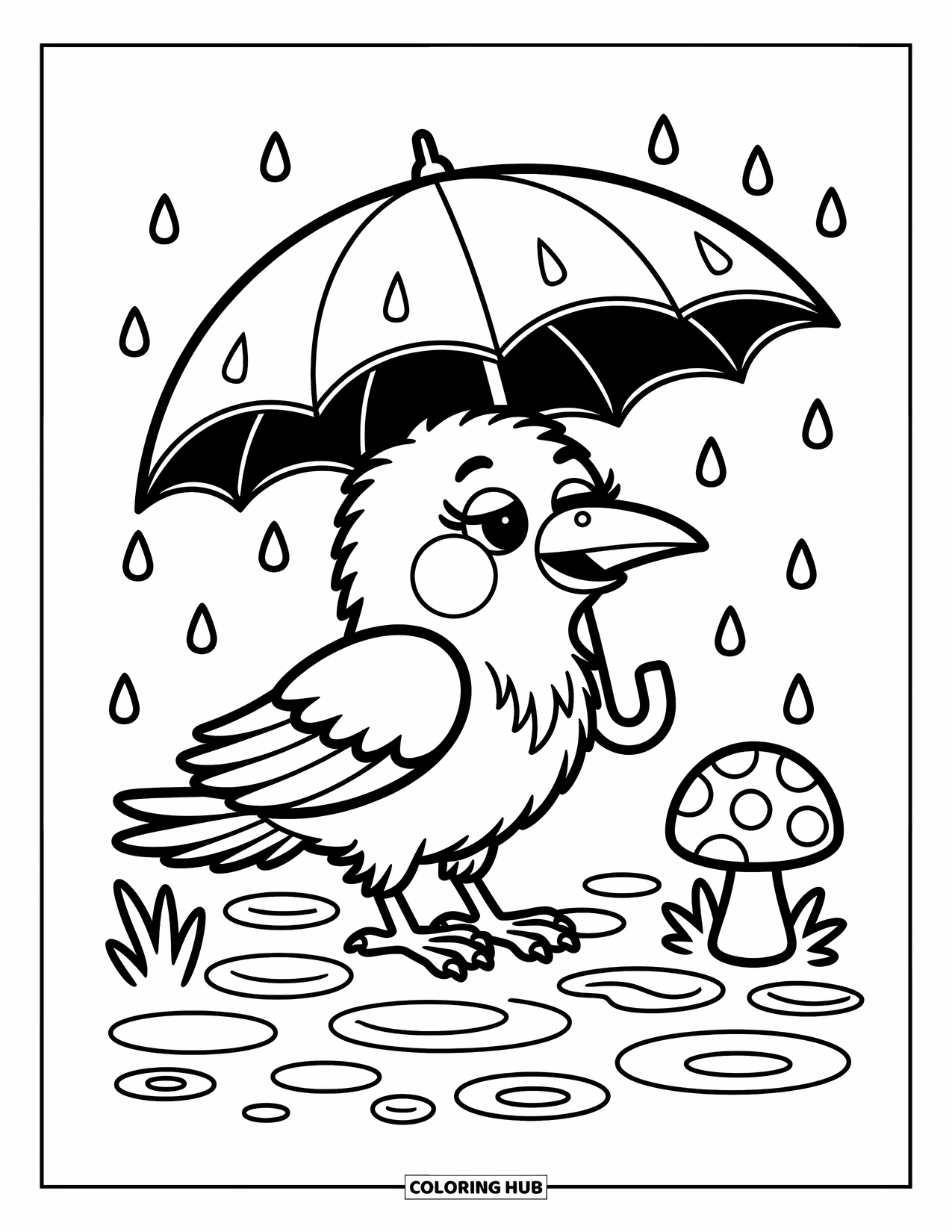 Raven Coloring Page for Adults: A little raven stands in the rain, holding a leaf and watching petals float
