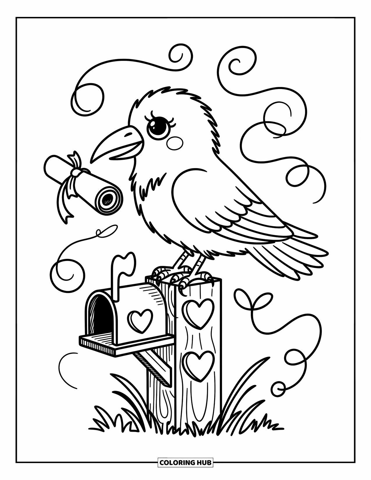Raven Coloring Page for Adults: A little raven with a scroll sits on a post beside a heart-carved mailbox