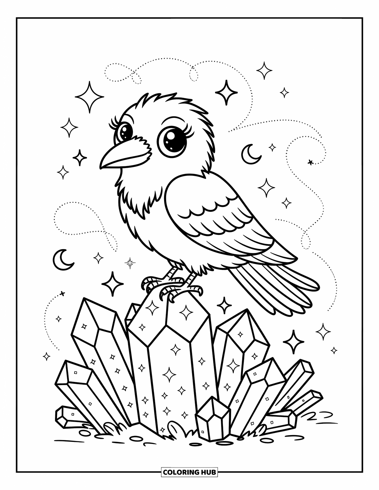 Raven Coloring Page for Adults: A magical raven sits peacefully on dreamy crystals under twinkling stars