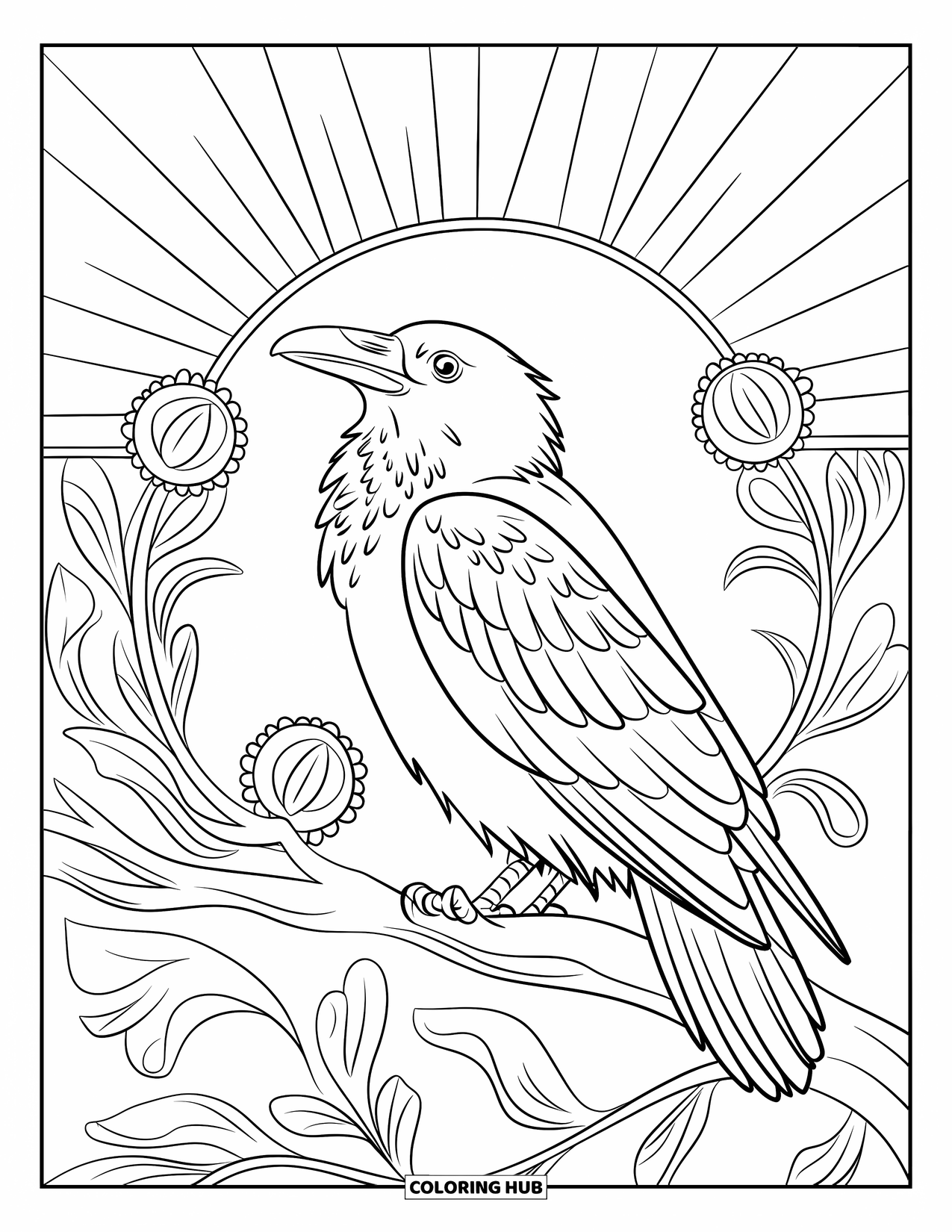 Raven Coloring Page for Adults: A peaceful raven perches beneath sunny rays and blooming orbs on a quiet tree