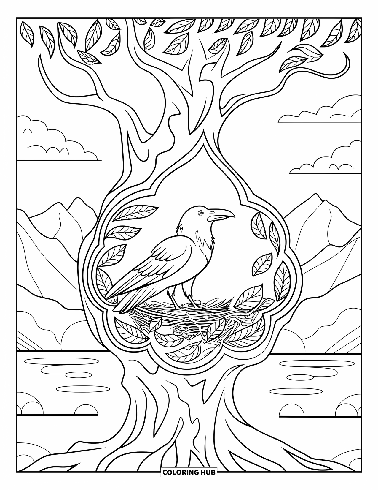 Raven Coloring Page for Adults: A protective raven watches over its nest inside a mandala-shaped hollow tree