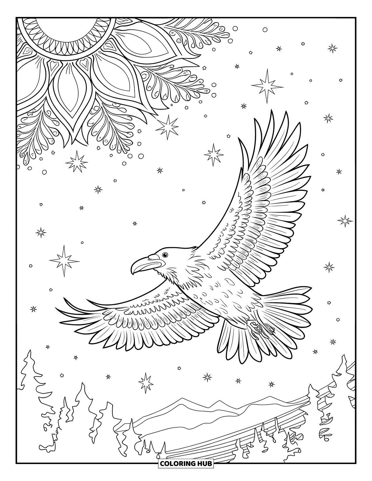 Raven Coloring Page for Adults: A raven flies across a moonlit sky framed by mandalas and mountain trees