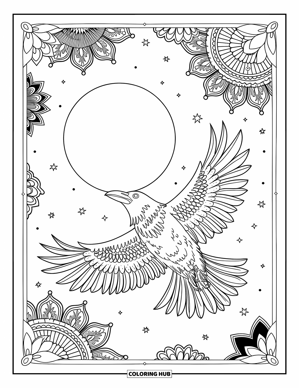 Raven Coloring Page for Adults: A raven glides through the night sky filled with stars and botanical mandalas