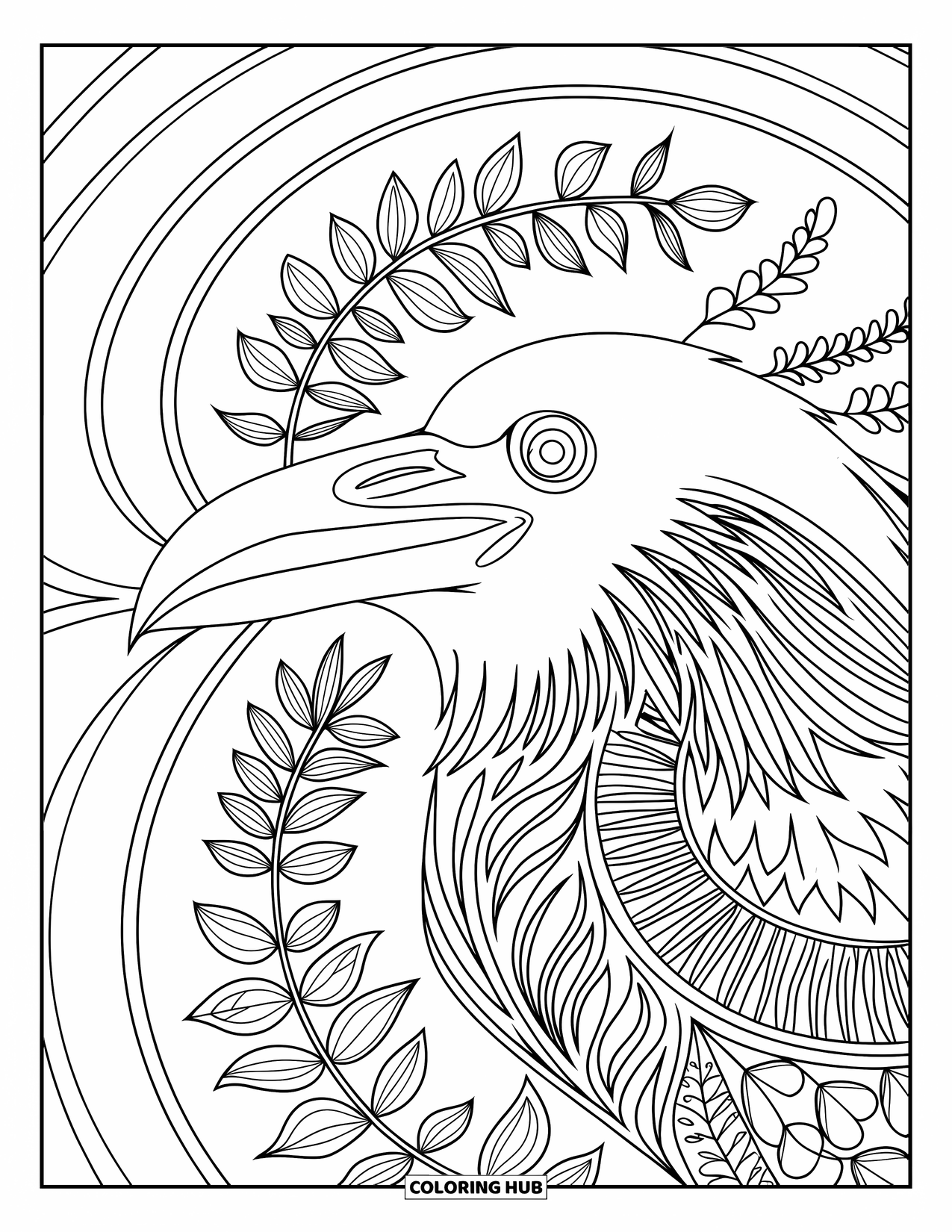 Raven Coloring Page for Adults: A raven head profile is framed by leafy rings and starbursts on a blank canvas