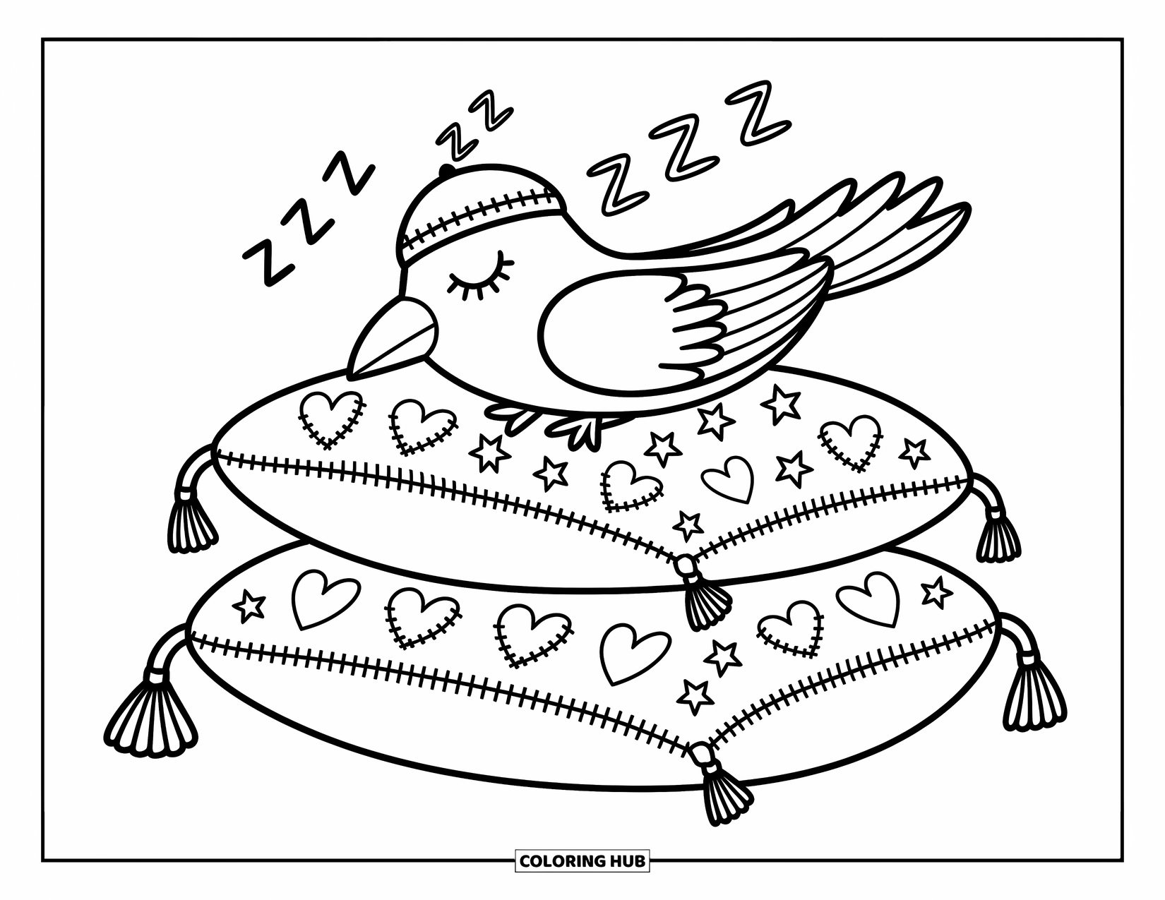 Raven Coloring Page for Adults: A raven naps on squishy pillows wearing a tiny sleeping cap