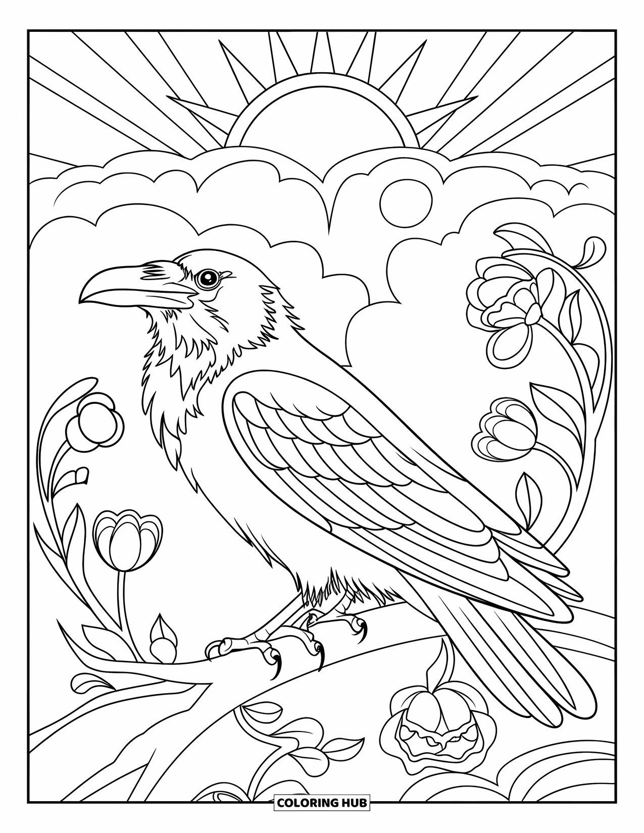 Raven Coloring Page for Adults: A raven rests on a branch beneath sun rays and floating floral orbs