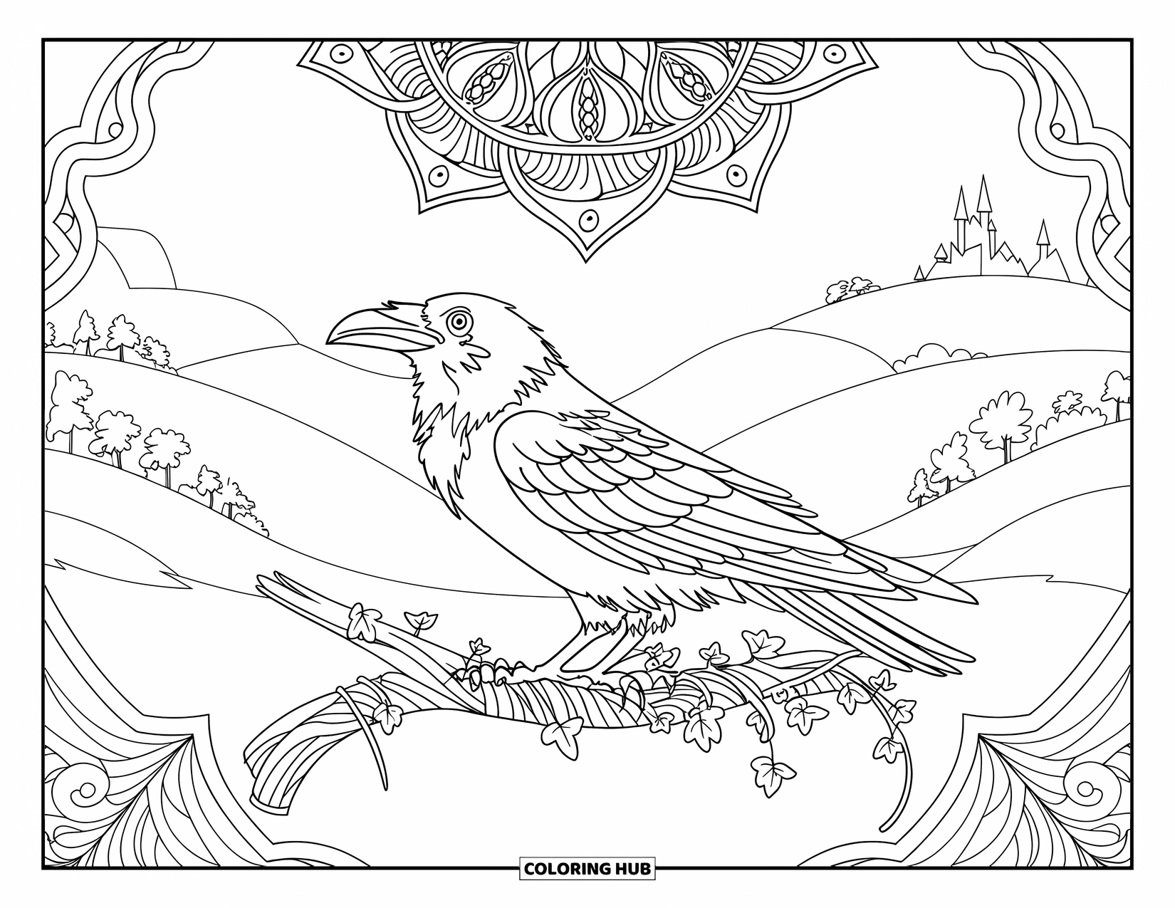 Raven Coloring Page for Adults: A raven rests on a branch in the air with a mandala above and a castle beyond