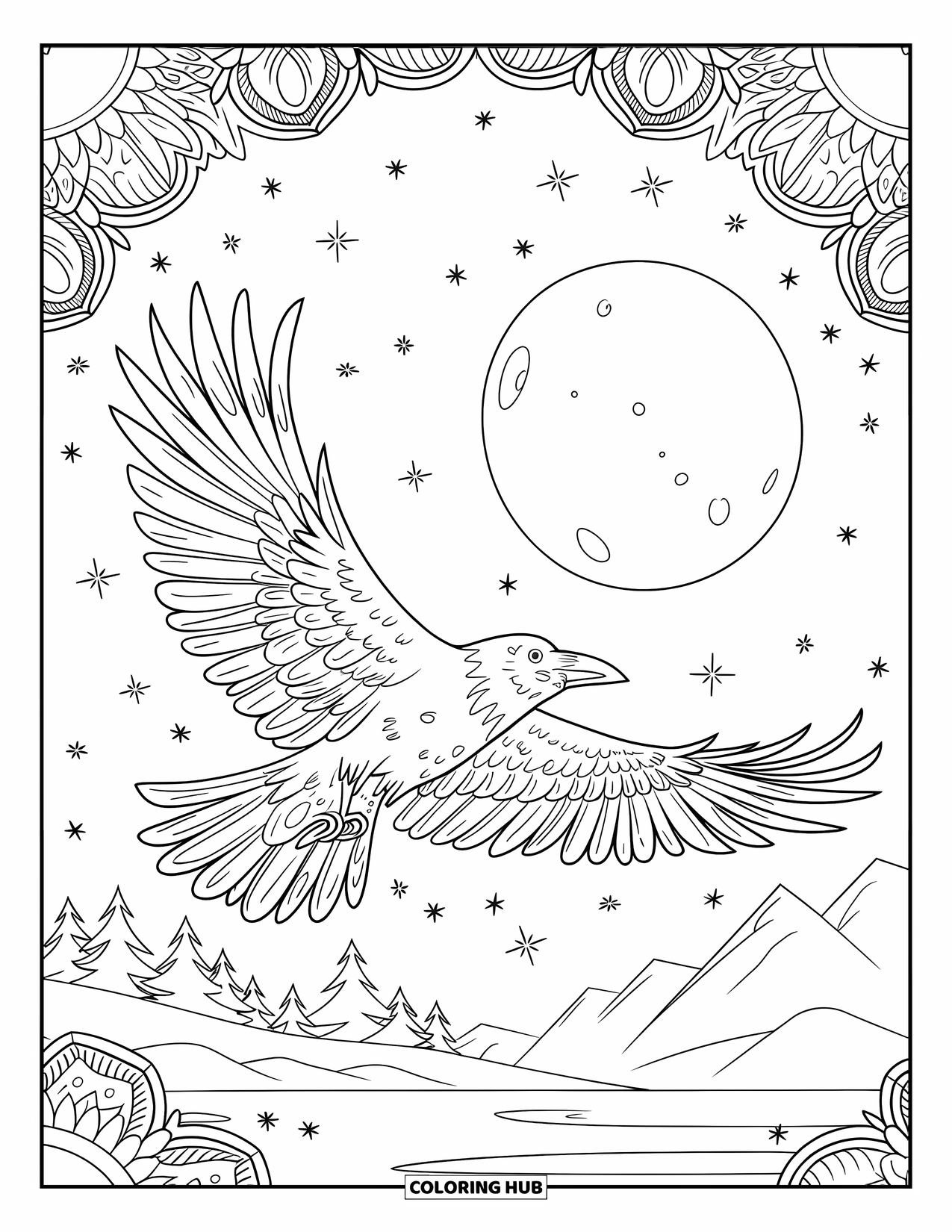 Raven Coloring Page for Adults: A raven soars through moonlight skies with swirling mandalas and scattered stars