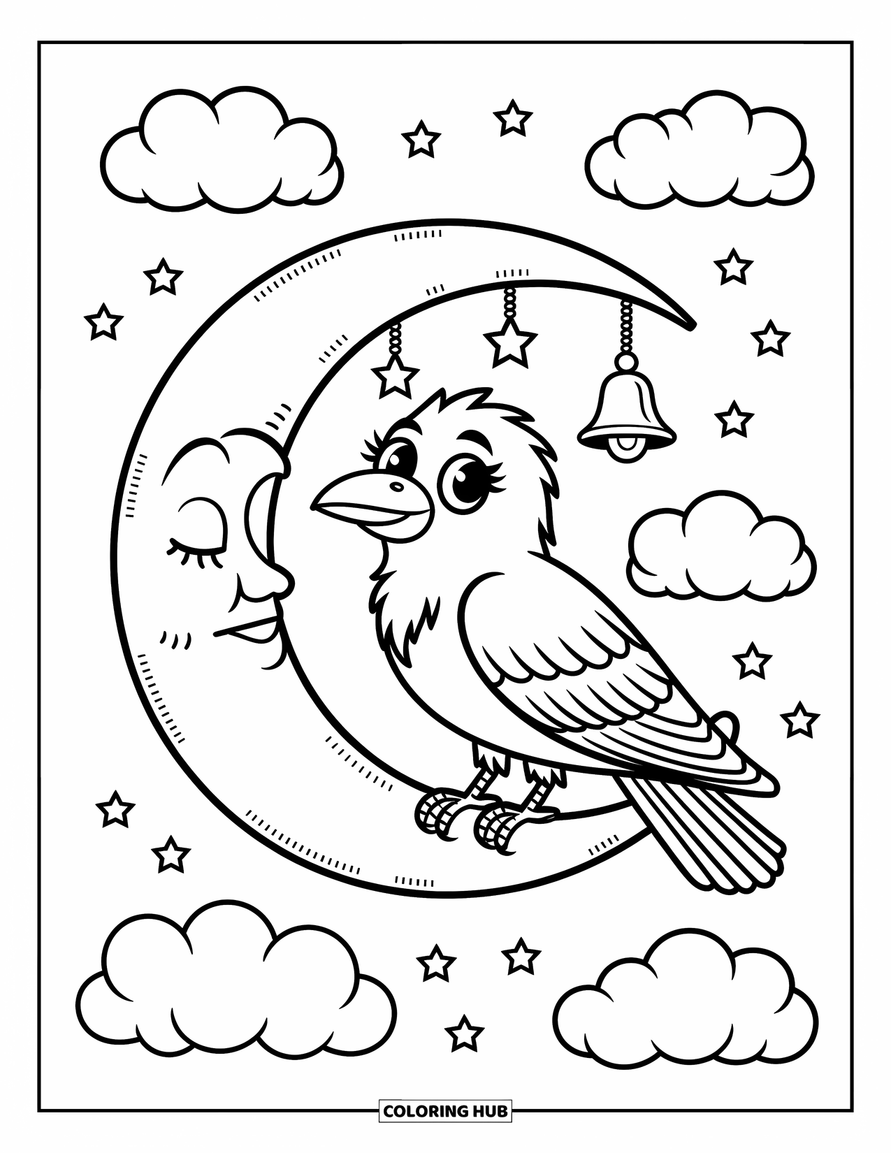 Raven Coloring Page for Adults: A raven with wide eyes sits on a crescent moon under fluffy clouds