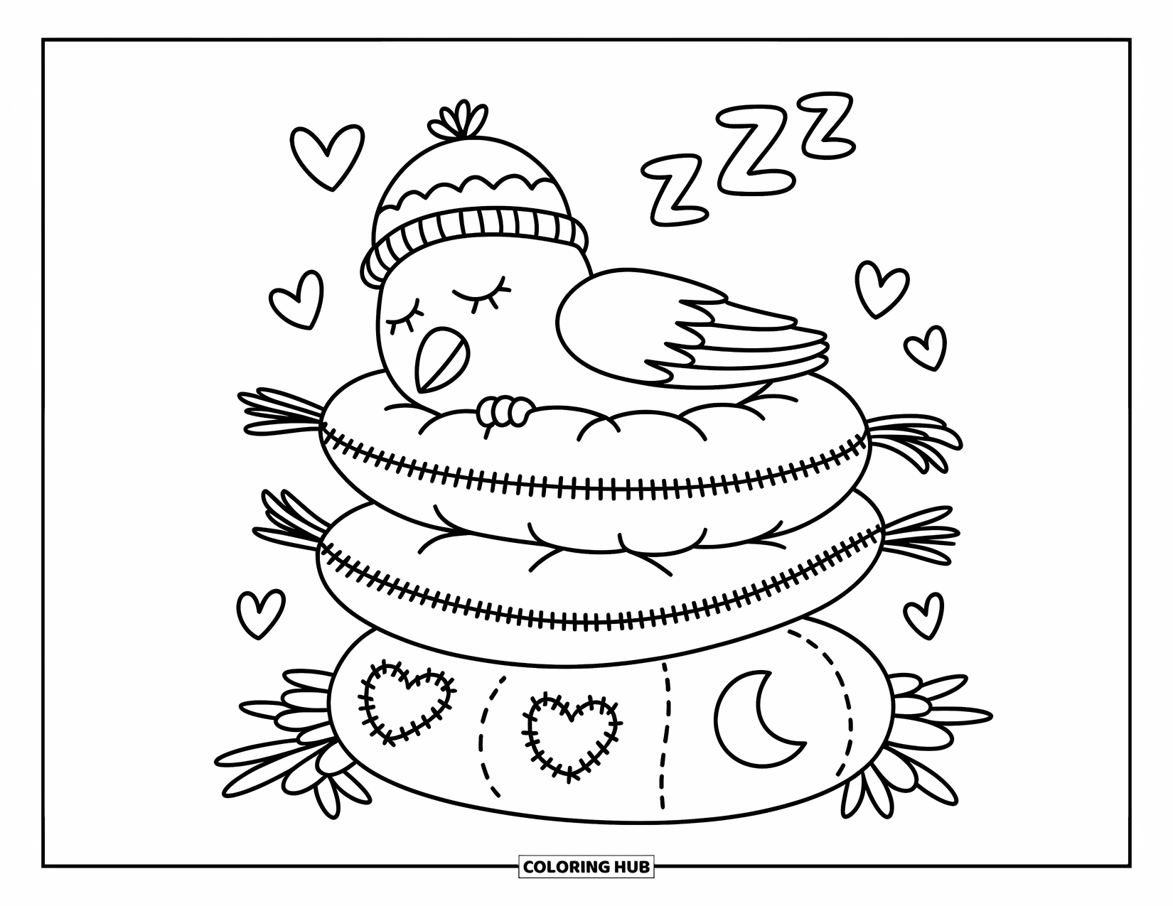Raven Coloring Page for Adults: A sleepy raven curls up on cozy pillows with hearts and moons stitched in