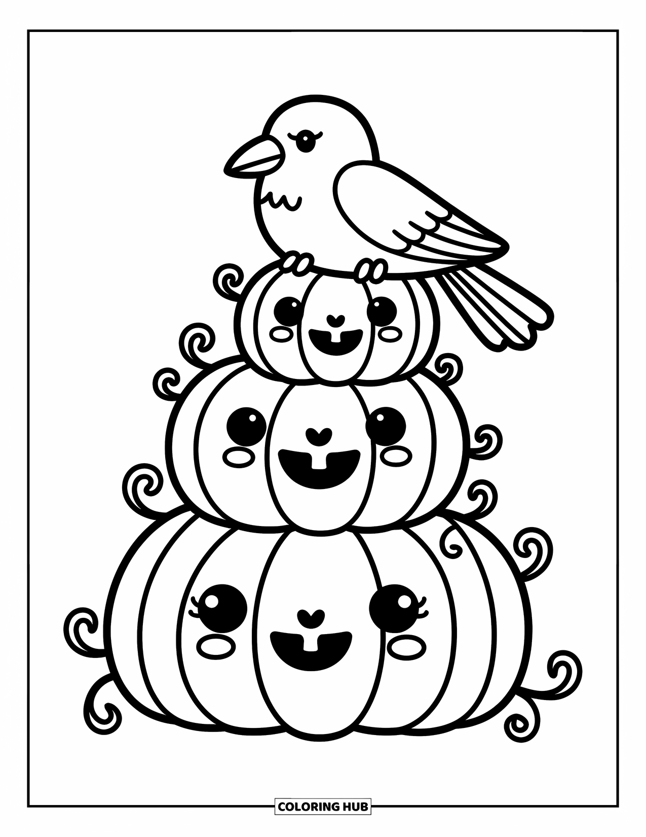 Raven Coloring Page for Adults: A smiling raven perches on a playful pumpkin stack with curling vines