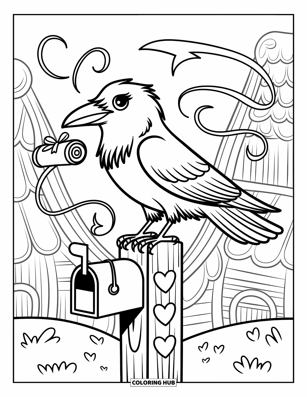 Raven Coloring Page for Adults: A sweet raven holds a scroll while perched on a mailbox-topped post