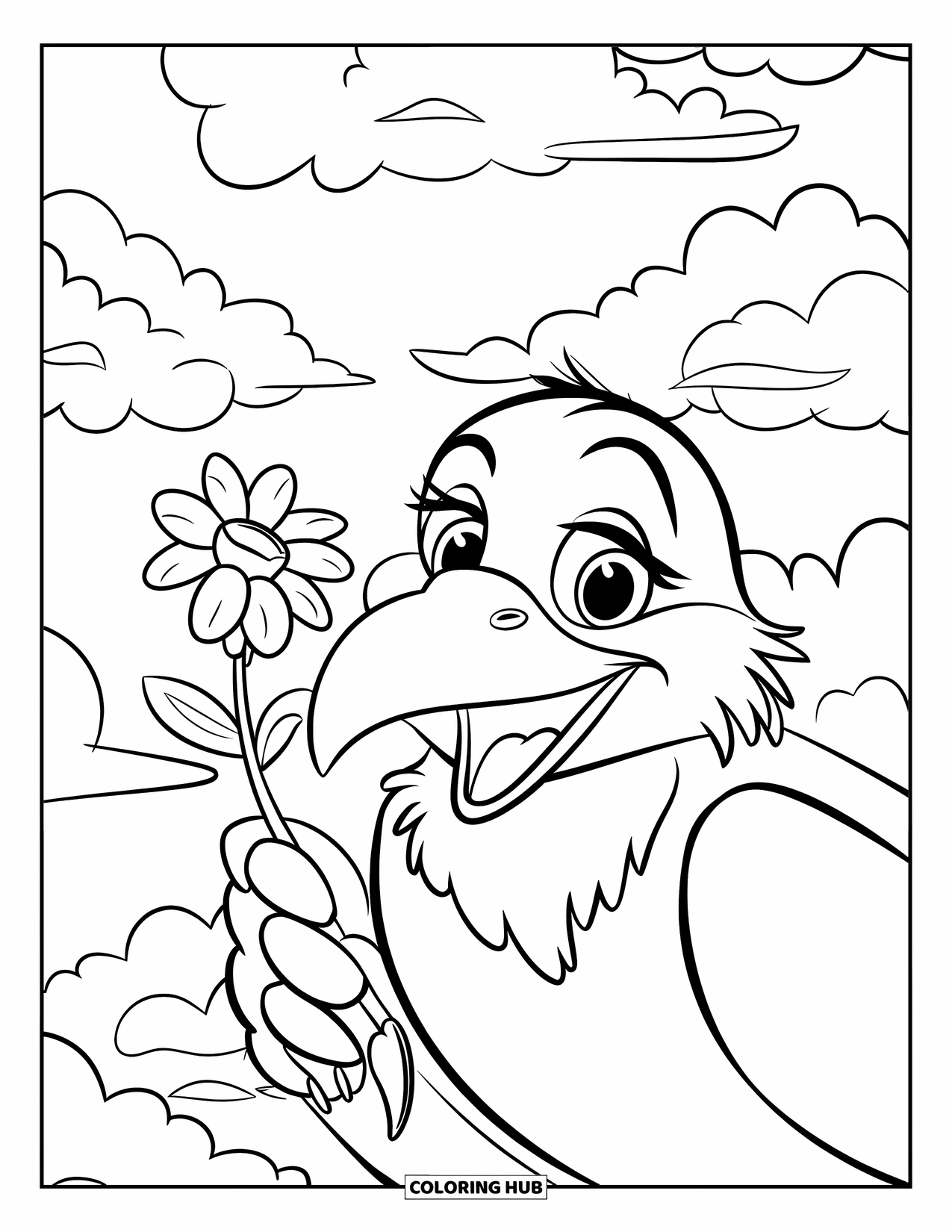 Raven Coloring Page for Kids: A cheerful raven holds a small flower while surrounded by fluffy clouds