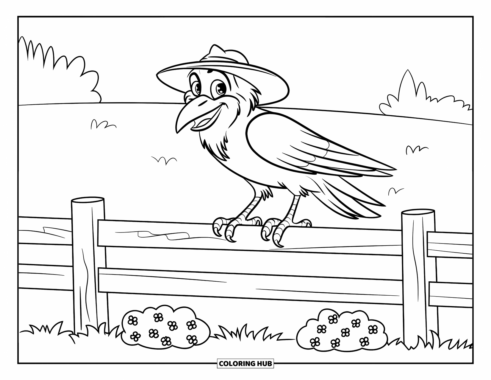 Raven Coloring Page for Kids: A cheerful raven smiles on a wooden fence near flower bushes